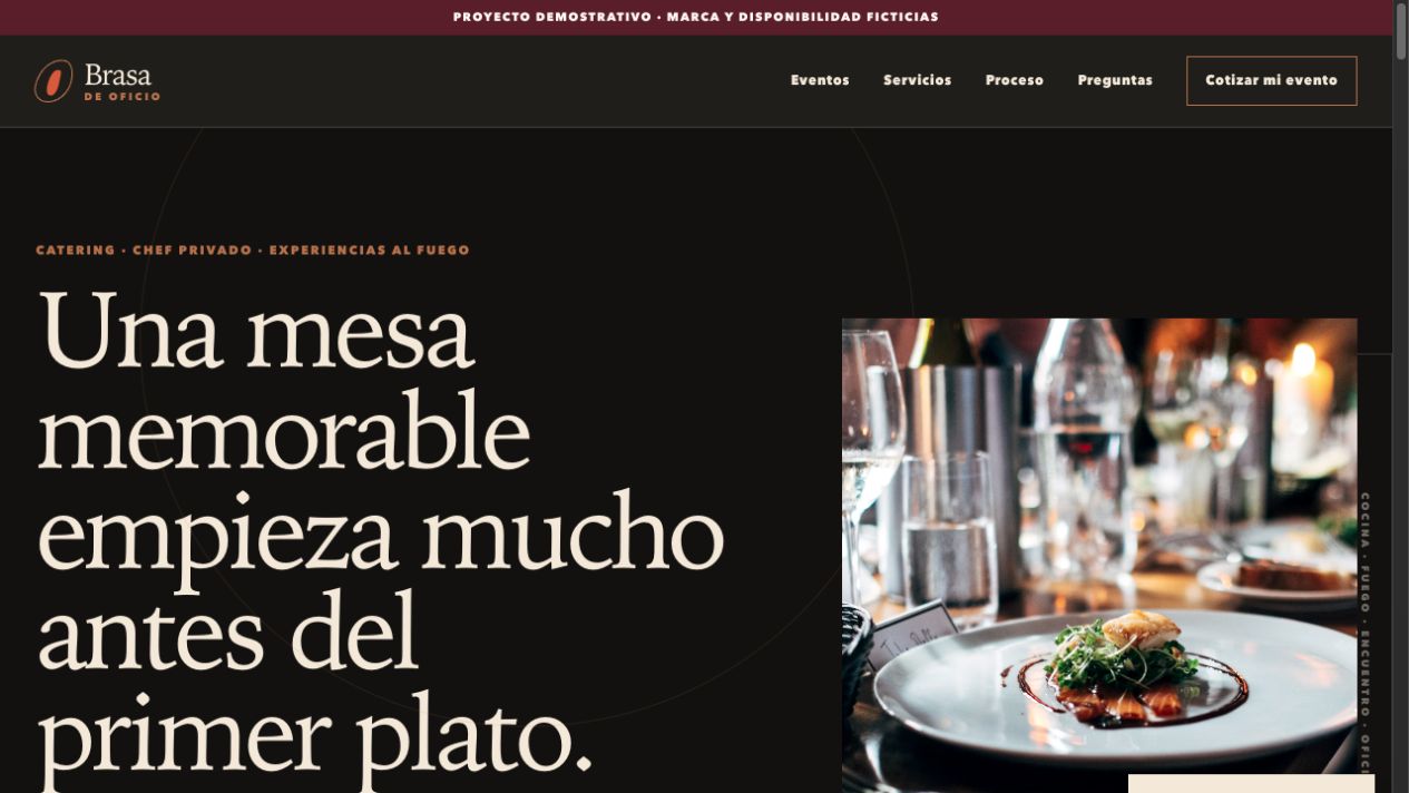 Demo Brasa de Oficio: landing gastronómica con fotografía y tonos oscuros cálidos